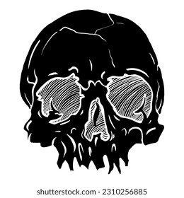 Black skull illustration. Goth style. T-shirt print for Horror or Halloween. Hand drawing illustration isolated on white background. Vector EPS 10