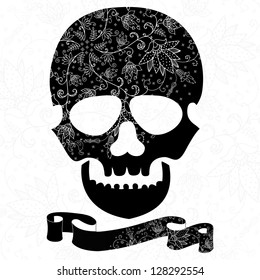 black skull with lacy pattern on white background