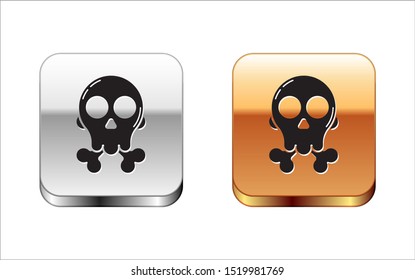 Black Skull on crossbones icon isolated on white background. Happy Halloween party. Silver-gold square button. Vector Illustration
