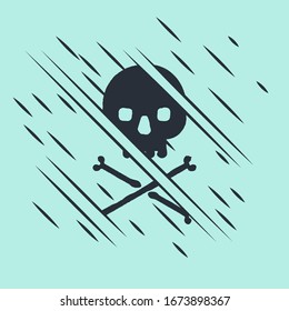 Black Skull on crossbones icon isolated on green background. Glitch style. Vector Illustration
