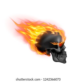 Black Skull on Fire with Flames. Illustration of Speeding Flaming Skull from the Side on White Background