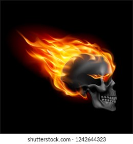 Black Skull on Fire with Flames. Illustration of Speeding Flaming Skull from the Side on Black Background