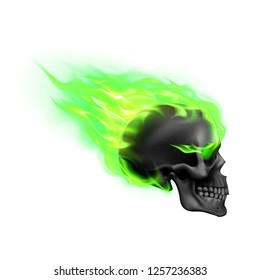 Black Skull on Green Fire with Flames. Illustration of Speeding Flaming Skull from the Side on White Background