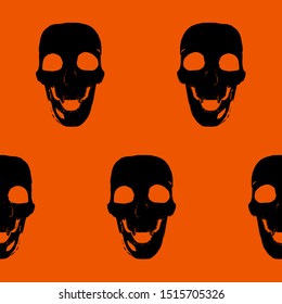 Black skull on orange background. seamless pattern.