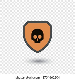 Black skull on an orange shield. Computer virus. Vector icon. design element.