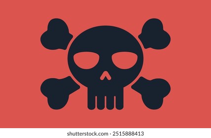 Cráneo negro sobre fondo rojo. Icono de cráneo de pirata o virus. Vector de diseño plano