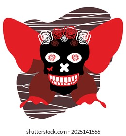 Black skull with red flowers illustration