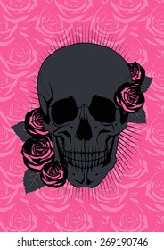 Black Skull and Roses. Vector Illustration 