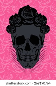 Black Skull and Roses. Vector Illustration 