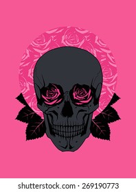 Black Skull and Roses. Vector Illustration 