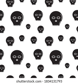 Black skull shape vector illustration in white color background. Seamless pattern design template. 