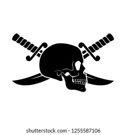 Black Skull Side View with Crossed Sabers Behind It. Illustration of Pirate Symbol