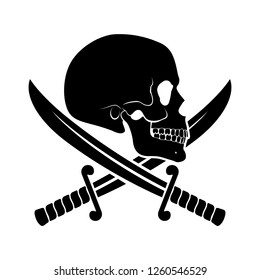Black Skull Side View with Crossed Sabers. Illustration of Pirate Symbol