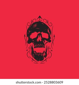 Black Skull Sketch Red Background Design