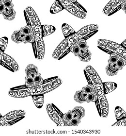 Black skull in sombrero from the line ornament vector seamless pattern. Stylized skull seamless texture. Halloween. Day of the Dead holiday. Mexico. Textiles, wrapping paper, wallpaper design.