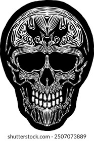 Negro Cráneo Vector Diseño Arte Tatuaje Gótico Cabeza Humana Esqueleto Retro Antiguas Handdraw Chopper Motocicleta Motorhead Mexican Sugar Skull Diseño de la camiseta 