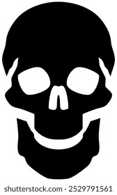 Ícone preto do vetor de caveira projetado em um estilo minimalista e negrito em um fundo transparente. Ideal para desenhos de Halloween, tatuagens ou logotipos. O contorno limpo e as formas sólidas dão-lhe uma aparência moderna e ousada