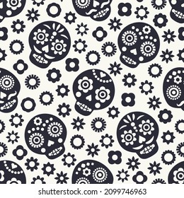 Black skull vector seamless pattern. Day of the dead elements with flowers and skull. Dia de los muertos holiday background.