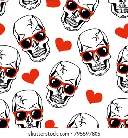  black skull vector seamless pattern on white with hearts, skulls background, Day of the Dead celebration.Seamless pattern with skulls.