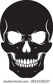 Black skull with white eye sockets and teeth on white symbol