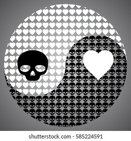 Black skull and white heart in Yin Yang symbol