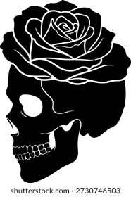 Una calavera negra con una rosa blanca delineada en la cabeza, mirando hacia la izquierda, sobre un fondo blanco puro, en un contraste llamativo de blanco y negro.
