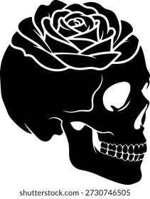 Una calavera negra con una rosa blanca delineada en la cabeza, mirando hacia la derecha, sobre un fondo blanco puro, mostrando una mezcla única de muerte y belleza.