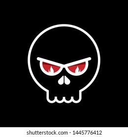 Black skull with a white stroke on a black background.. Red eyes. Flat style.