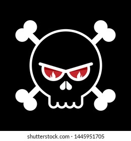 Black skull with a white stroke on a black background. Crossbones and red eyes. Flat style.