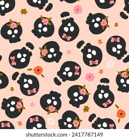 Black Skulls with Flowers Vector Seamless Pattern