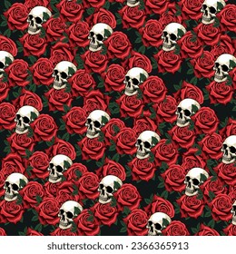 Black Skulls with Red Roses Patterns. Vector illustration