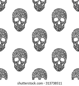 Black skulls seamless pattern on white background.