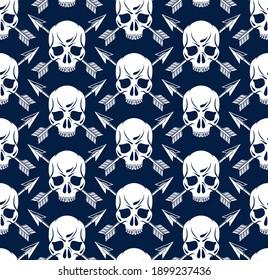 Black skulls seamless vector background, endless pattern with horror death sculls, stylish wallpaper of hard rock culture music fashion theme, gothic image.