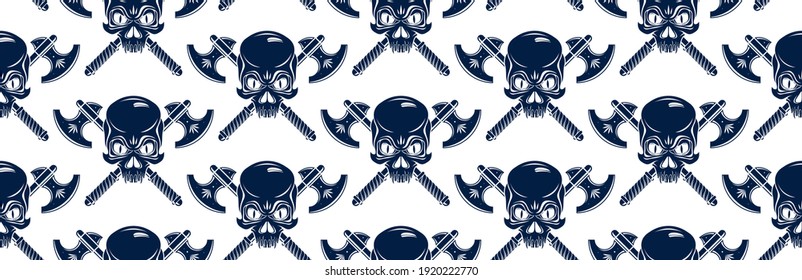 Black skulls seamless vector background, endless pattern with horror death sculls, stylish wallpaper of hard rock culture music fashion theme, gothic image.