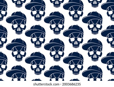 Black skulls seamless vector background, endless pattern with horror death sculls, stylish wallpaper of hard rock culture music fashion theme, gothic image.