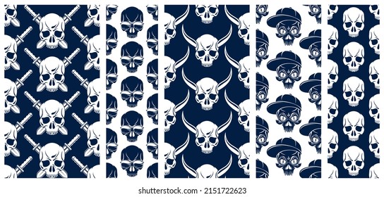Black skulls seamless vector background set, endless pattern with horror death sculls, stylish wallpaper of hard rock culture music fashion theme, gothic image collection.
