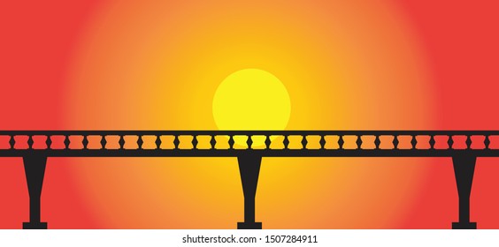 Black sky walk over bridge on sun set background