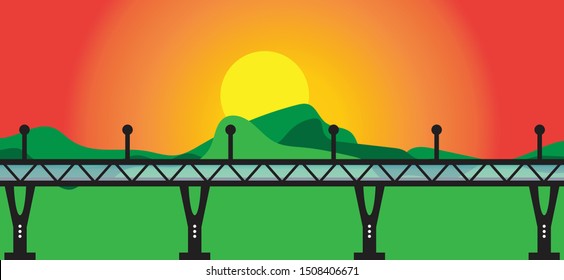 Black sky walk over bridge on sun set and mountain background