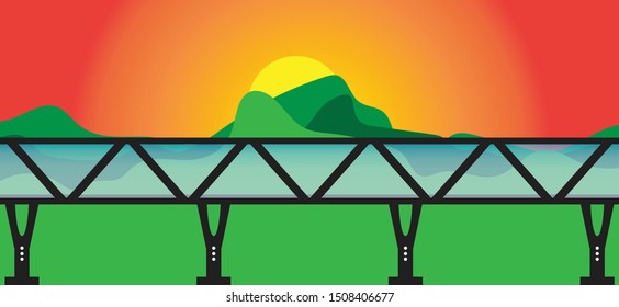 Black sky walk over bridge on sun set and mountain background