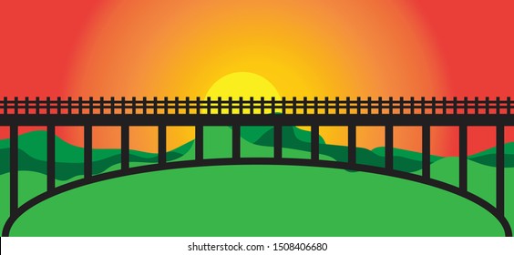 Black sky walk over bridge on sun set and mountain background