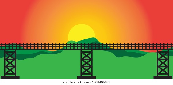 Black sky walk over bridge on sun set and mountain background