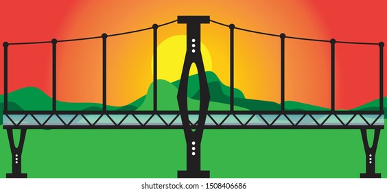 Black sky walk over bridge on sun set and mountain background