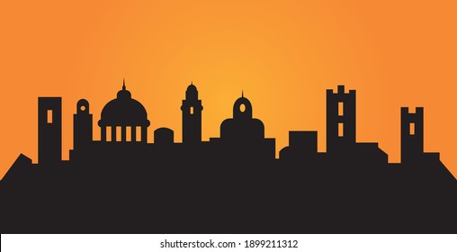 Black skyline of Bergamo in orange background in vector file