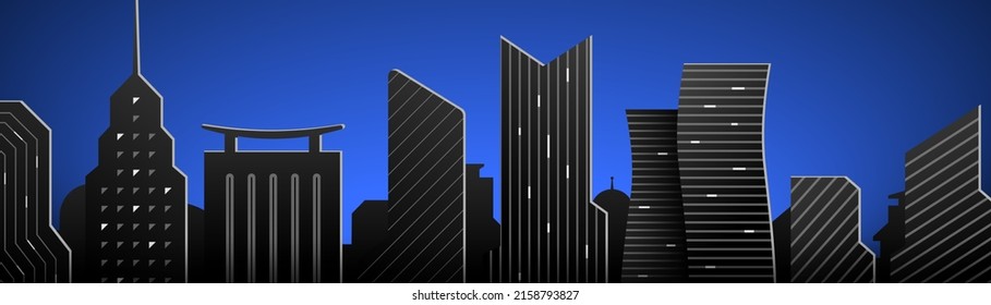 Black skyscrapers on a blue gradient background. Architectural web banner vector illustration.