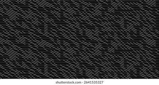 Black slant parallel dynamic random line elements in seamless background texture isolated on a white background. Minimalist abstract pattern with edit stroke. Geometric vector illustration