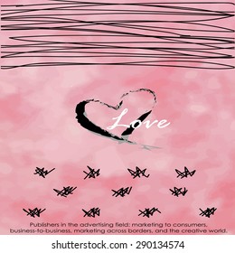 Black slanting stripe and light pink heart love card background and retro hipster vintage style.