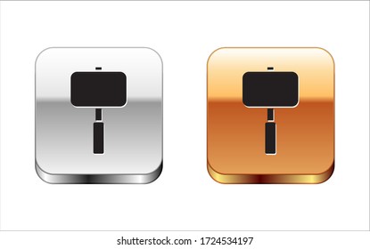 Black Sledgehammer icon isolated on white background. Silver-gold square button. Vector Illustration