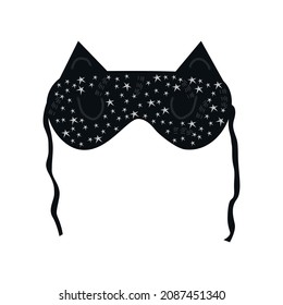 Black for sleep mask with cat ears and galaxy pattern. Sleeping accessory for resting and relaxation at trip, plane. Night band for nap. Face cover, blindfold. Vector illustration 