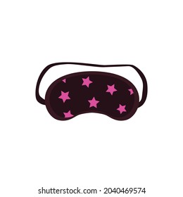 Black sleeping mask with strings and pink stars, flat vector illustration isolated on white background. Blindfold night mask accessory for relax and good sleeping.