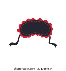 Black sleeping mask with strings and red frill, flat vector illustration isolated on white background. Night sleeping blindfold cartoon icon or symbol.